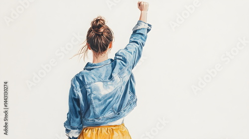 Colored pencil sketch of a woman in a blue jacket and yellow skirt with her arm raised, seen from the back, drawn on white paper with simple pastel lines, minimal detail, and hand-drawn charm.