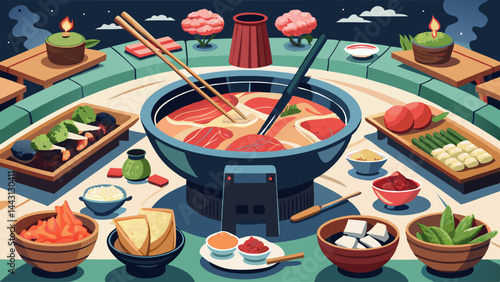 A colorful illustration of a table with a variety of Asian food, including sushi, and a bowl of soup