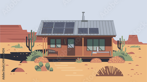 Illustration of a sustainable desert home equipped with solar panels, surrounded by cacti and rocky terrain, emphasizing eco-friendly living in an arid environment.