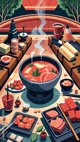A colorful illustration of a table with a variety of Asian food, including sushi, and a bowl of soup