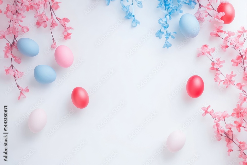 Obraz premium Pastel easter eggs with delicate floral branches on white background creating a serene spring atmosphere showcasing colorful eggs and gentle floral accents