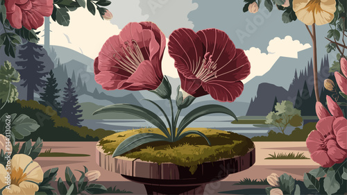 A striking illustration of red flowers blooming on a wooden pedestal, framed by vibrant foliage and a picturesque landscape in the background, evoking tranquility and beauty.