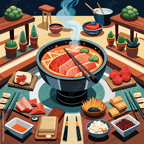 A colorful illustration of a table with a variety of Asian food, including sushi, and a bowl of soup