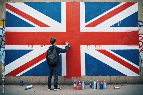 A person spray-paints a large Union Jack mural on a wall, surrounded by various spray paint cans.