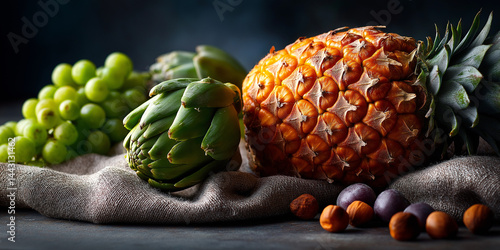 Stillleben mit frischen Früchten und Gemüse: Ananas, Artischocke und Trauben auf rustikalem Tuch