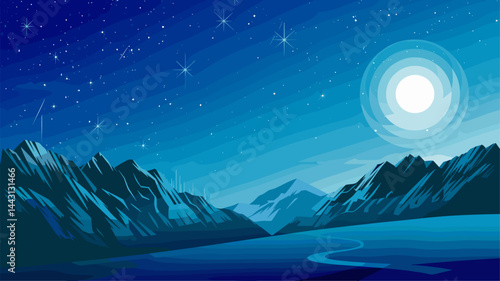 A tranquil vector illustration depicting a night scene with majestic mountains under a starry sky. The moon casts a gentle glow over the serene landscape, perfect for nature-themed projects.