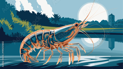 This vibrant vector art features a stylized shrimp in a tranquil aquatic setting, with reflections on water and a scenic backdrop. Ideal for seafood, culinary, or nature themes.