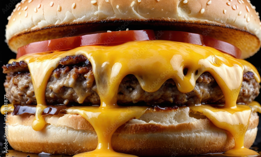 A juicy hamburger topped with melted cheese and fresh tomato on a soft bun
