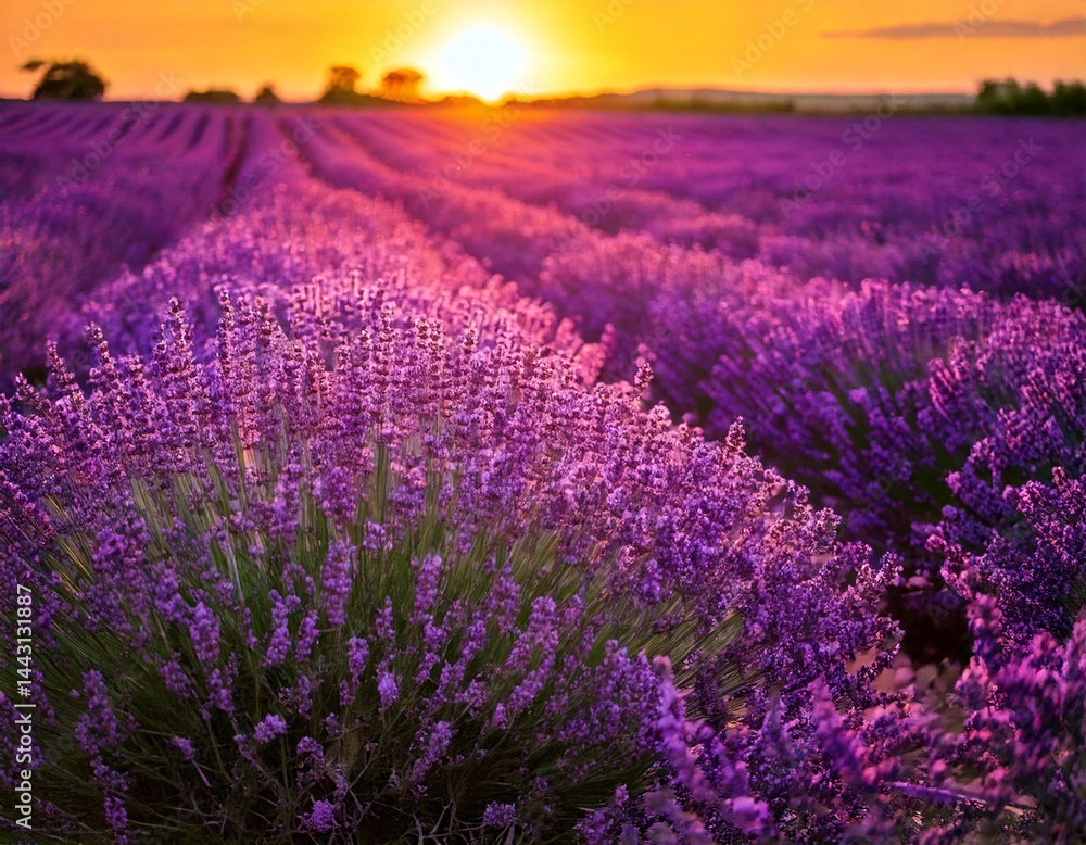 Obraz premium Lavender flowers - Sunset over a summer purple lavender field . Bunch of scented flowers 
