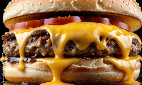 Obraz na płótnie A juicy hamburger topped with melted cheese and fresh tomato on a soft bun w salonie