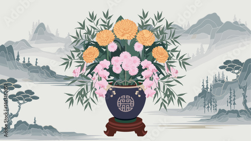 This elegant vector image showcases a vibrant floral arrangement featuring chrysanthemums and orchids in a beautifully designed vase, set against a serene landscape.
