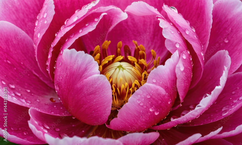 A close-up view of a pink flower with water droplets highlighting its delicate details,