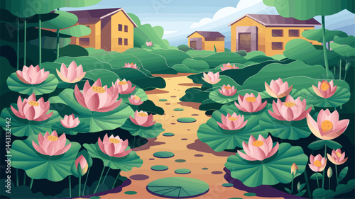 A picturesque garden scene featuring vibrant pink lotus flowers blooming alongside a serene pathway, with rustic yellow buildings in the background. Ideal for nature or wellness topics.