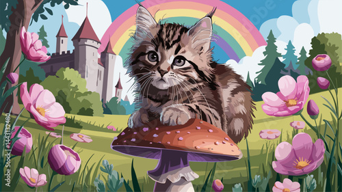 A charming illustration of a kitten perched on a mushroom, surrounded by vibrant flowers and a serene landscape featuring a castle and rainbow. Perfect for children's themes.