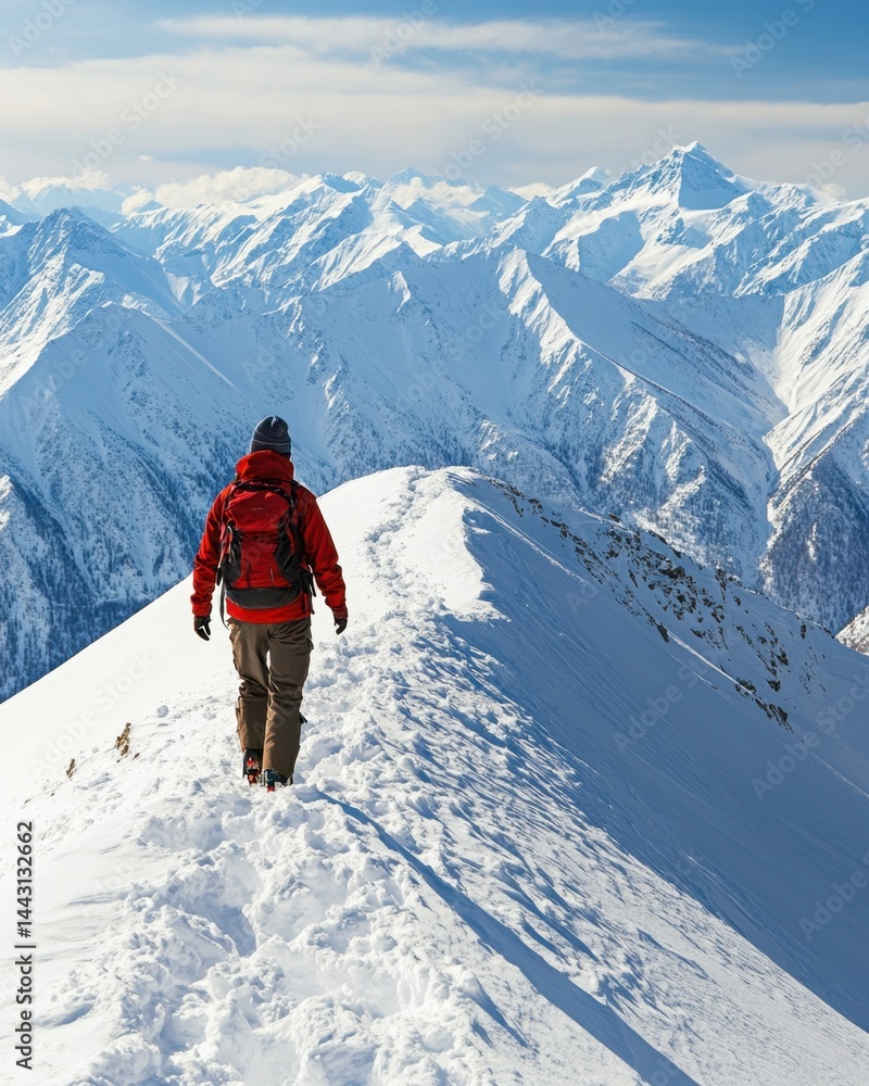 Adventurous hiker trekking through snowy mountain ridge with backpack winter landscape exploration scenic view cold weather outdoor activity travel destination Adventurous hiker trekking through snowy mountain ridge with backpack winter landscape exploration scenic view cold weather outdoor activity travel destination