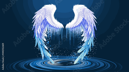 This artistic vector illustration features beautifully designed angel wings dripping with blue and white hues, set against a dark background with water ripples, conveying a sense of ethereal...