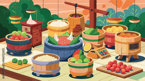 A colorful drawing of a market with many different types of fruits and vegetables. Scene is lively and inviting, with the abundance of produce suggesting a place where people can come to shop