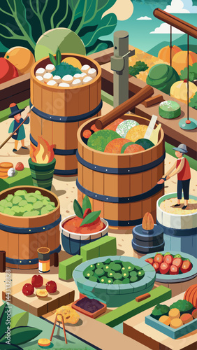 A colorful drawing of a market with many different types of fruits and vegetables. Scene is lively and inviting, with the abundance of produce suggesting a place where people can come to shop