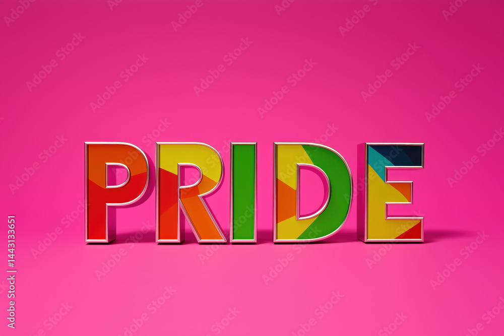 A modern pride banner is displayed with the word PRIDE in bold, rainbow-colored letters A modern pride banner is displayed with the word PRIDE in bold, rainbow-colored letters