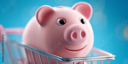 Rosa Sparschwein sitzt in einem Einkaufswagen vor blauem Hintergrund im minimalistischen Stil