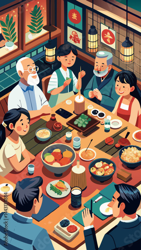 A family is sitting around a table with food and drinks. Scene is happy and warm, as everyone is enjoying each other's company and sharing a meal together