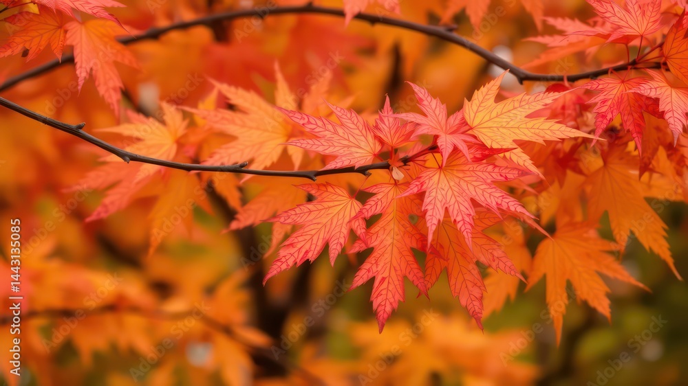 Vibrant Autumn Maple Leaves on a Branch Displaying Rich Orange and Red Hues Vibrant Autumn Maple Leaves on a Branch Displaying Rich Orange and Red Hues