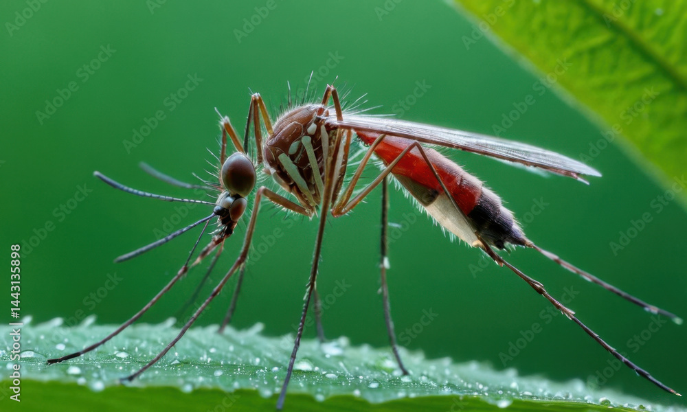 A close-up of a mosquito perched on a leaf, its tiny body and delicate features highlighted