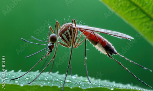 Obraz na płótnie A close-up of a mosquito perched on a leaf, its tiny body and delicate features highlighted w salonie
