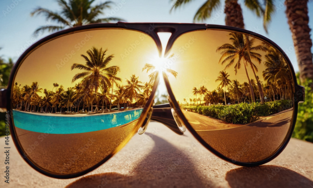 A pair of sunglasses reflecting the sun and palm trees, perfect for outdoor use or as a decorative piece