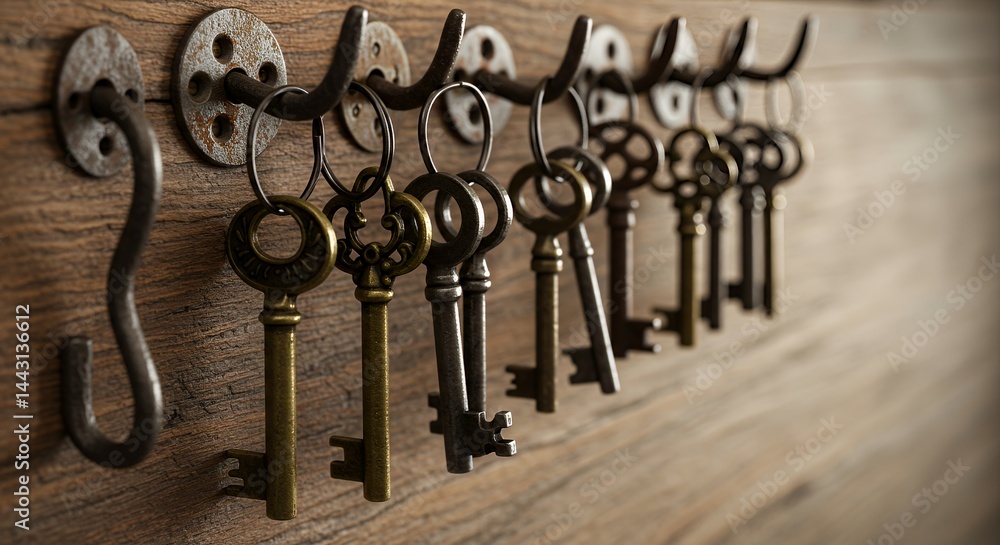 Antique Keys Collection on Rustic Wooden Wall Antique Keys Collection on Rustic Wooden Wall