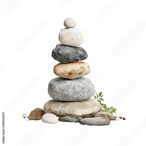 Stacked smooth stones balance peacefully, surrounded by delicate greenery.