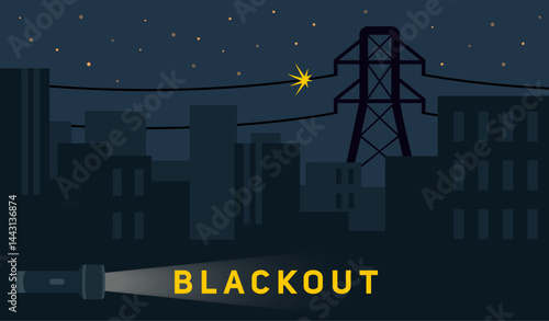 Blackout in City. Vector Illustration of Power Outage at Night with Flashlight and Broken Power Lines.