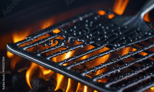 Obraz na płótnie A close-up shot of a grill with a spatula on it, great for food-related images and DIY tutorials w salonie