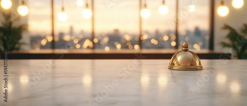 Golden hotel bell on marble counter with bokeh cityscape background at dusk