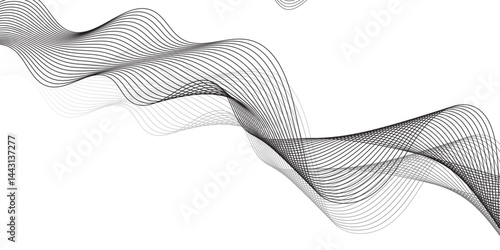 "Create a vector illustration of a black and gray abstract wave design with a mesh texture. The waves should overlap with transparent areas, forming a smooth, ribbon-like pattern on a plain white back