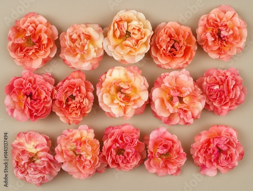 Arrangement of delicate coral roses in full bloom on a neutral background creating a soft romantic floral pattern top down view capturing the beauty of nature