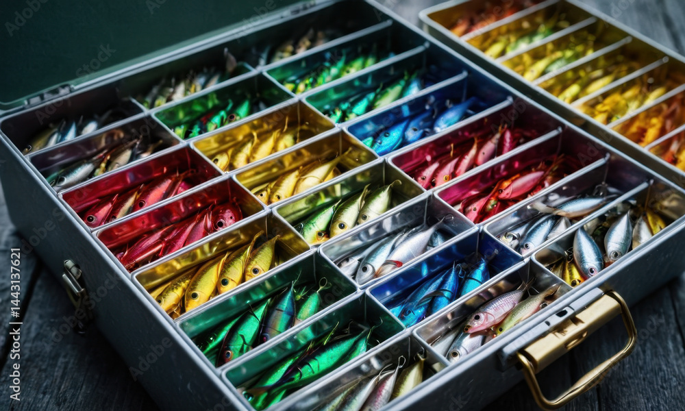 A metal box containing various fishing lures