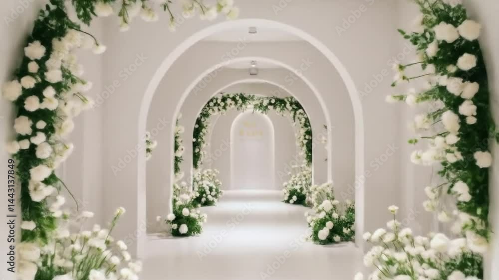 Walking Through Elegant White Archway with Floral Decorations Walking Through Elegant White Archway with Floral Decorations