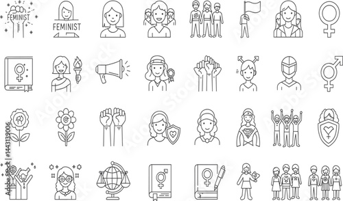 Feminist line icon set. Vector pictograms of women rights, empowerment, gender equality, raised fists, protest, feminist book