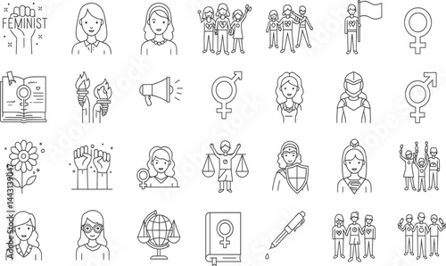 Feminist line icon set. Vector pictograms of women rights, empowerment, gender equality, raised fists, protest, feminist book