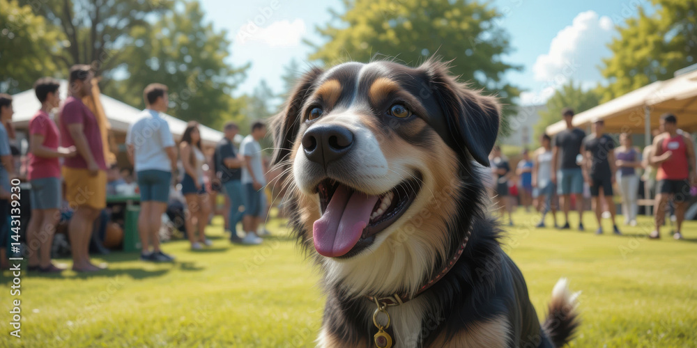 Happy dog enjoys sunny day at lively outdoor festival, surrounded by people and vibrant tents