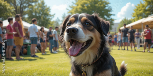 Obraz na płótnie Happy dog enjoys sunny day at lively outdoor festival, surrounded by people and vibrant tents w salonie