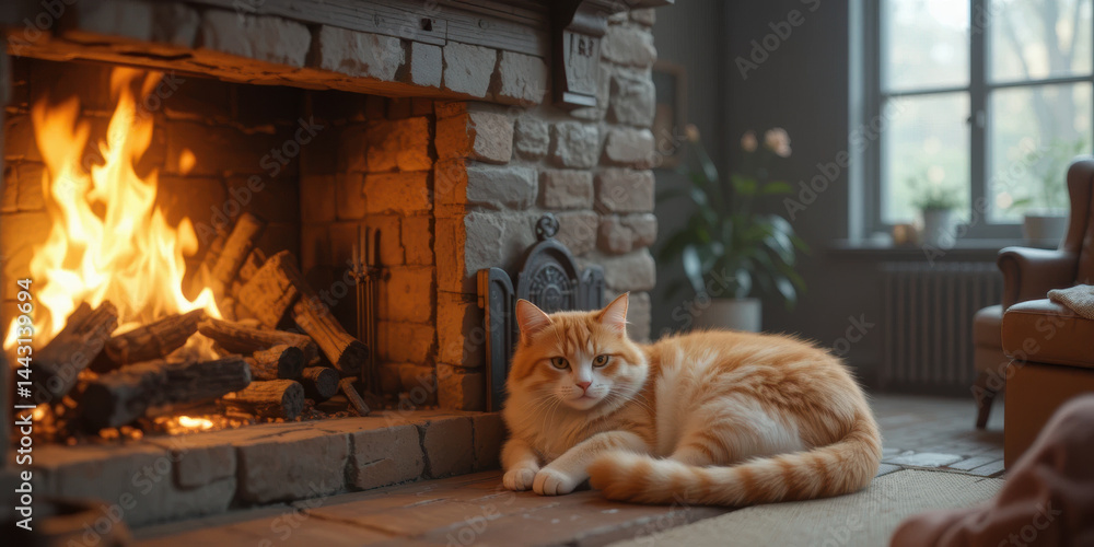 Cozy orange cat relaxes by warm fireplace, surrounded by serene living room atmosphere. flickering flames create comforting