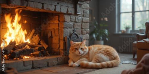 Obraz na płótnie Cozy orange cat relaxes by warm fireplace, surrounded by serene living room atmosphere. flickering flames create comforting w salonie