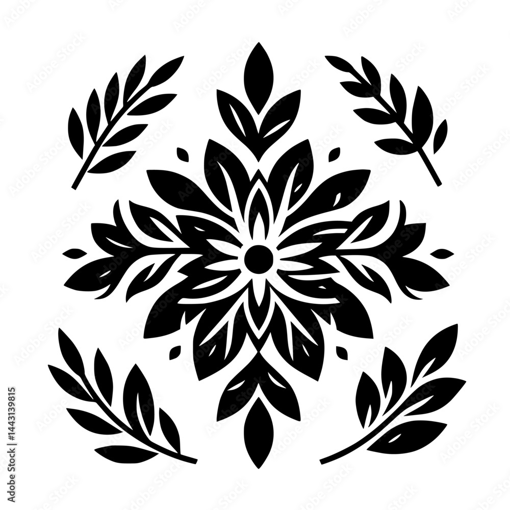 Floral Mandala with Leafy Elements in Black and White Floral Mandala with Leafy Elements in Black and White