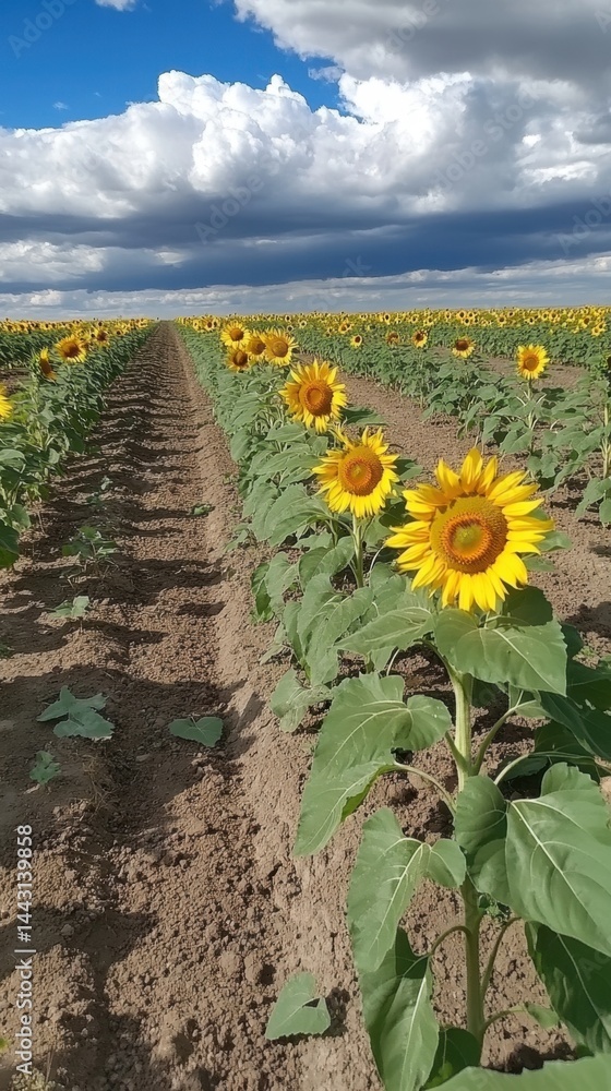 Obraz premium Vibrant sunflower field under a dramatic sky creating a picturesque rural scene with rows of bright yellow flowers against a backdrop of moody clouds and blue sky