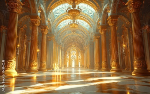 A magnificent golden interior hall with ornate columns and arches.