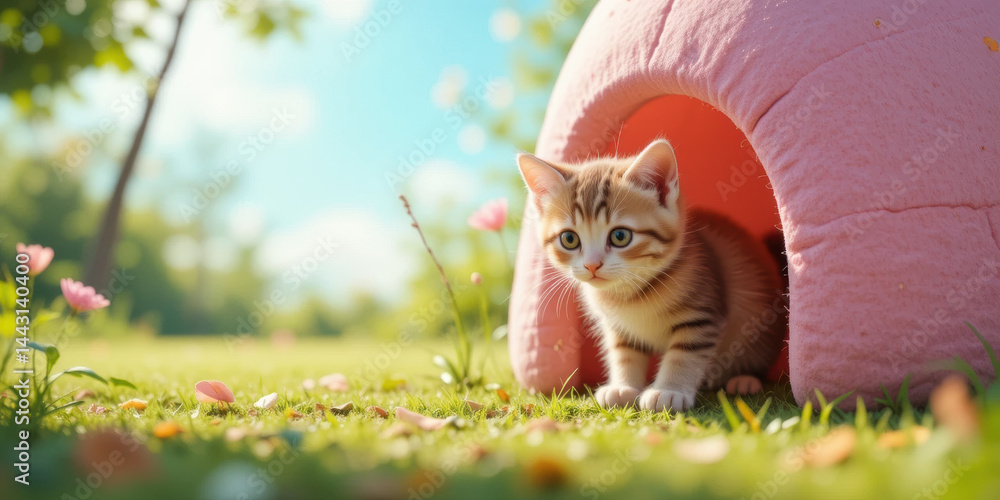 Playful kitten peeks out from cozy pink pet house in sunny garden filled with flowers and greenery