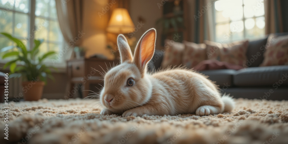 Cute rabbit resting on cozy carpet in warm living room, surrounded by soft lighting and comfortable furniture