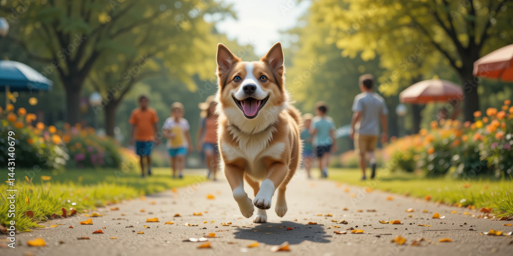 Happy dog runs joyfully along sunny park path, surrounded by vibrant flowers and people enjoying day